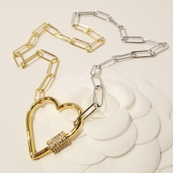 2 Tone Paperclip Pave CZ Heart Carabiner Necklace - Picture 3 of 7